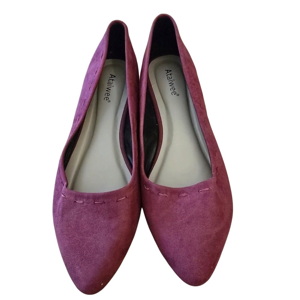 Ataiwee Womens Magenta Faux Suede Pointed Toe Whipstitch Ballet Flats Size 9